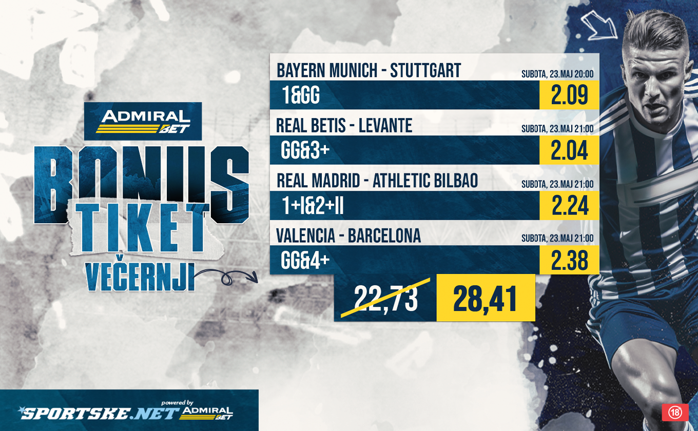 AdmiralBet bonus tiket - Pljušti širom Španije i 2,09 na Bajern za 28,41